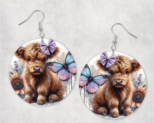 Acrylic Earrings-cute baby cow with sunflower & rainbow butterfly