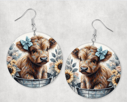 Acrylic Earrings-cute baby cow in a tub with blue bow