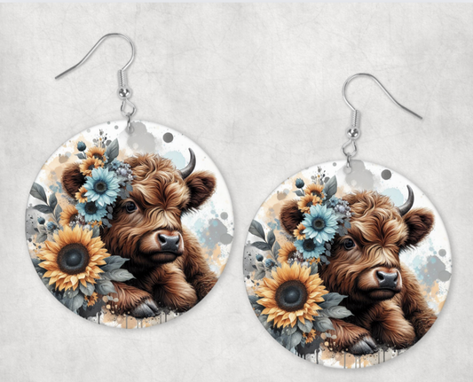 Acrylic Earrings-Cute baby cow with sunflowers