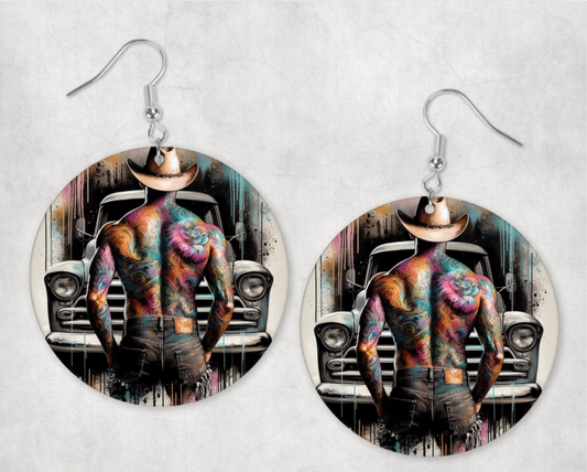 Acrylic Earrings- tattooed cowboy with his car