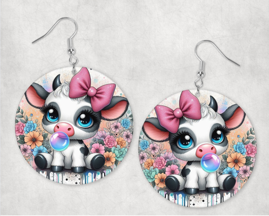 Acrylic Earrings- Cute baby cow blowing bubbles with rainbow flowers