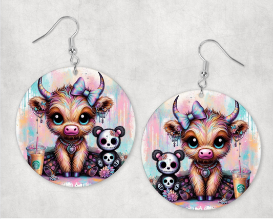 Acrylic Earrings- Baby cow with Halloween teddy