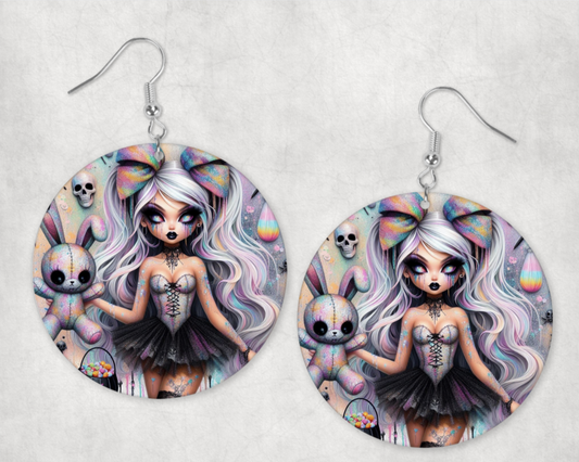 Acrylic Earrings- Halloween girl with rainbow teddy & skulls