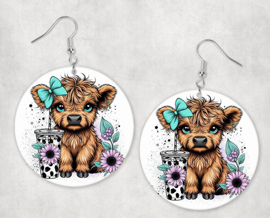 Acrylic Earrings-Cute baby highland cow with teal bow