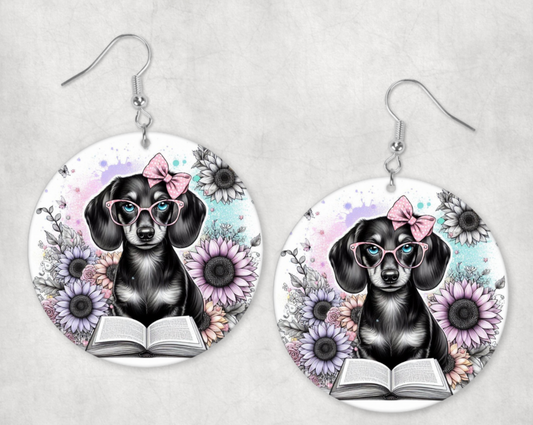 Acrylic Earrings-Cute dachshund reading book with glasses