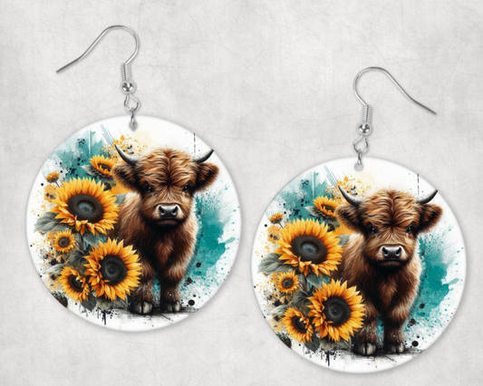 Acrylic Earrings-Cute baby cow with yellow sunflowers