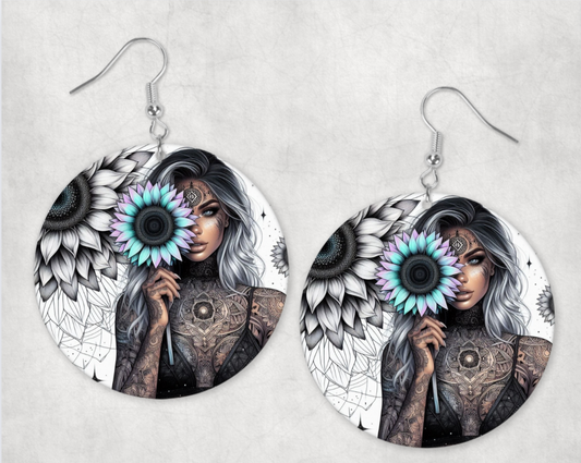 Acrylic Earrings-tattooed girl with purple & blue sunflower