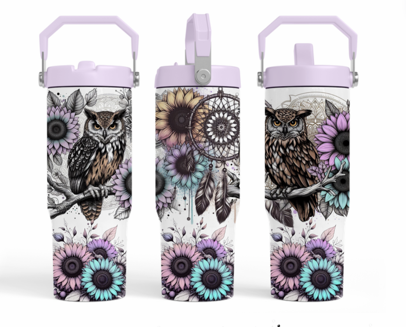 30oz tumbler - Lilac and aqua florals with owl