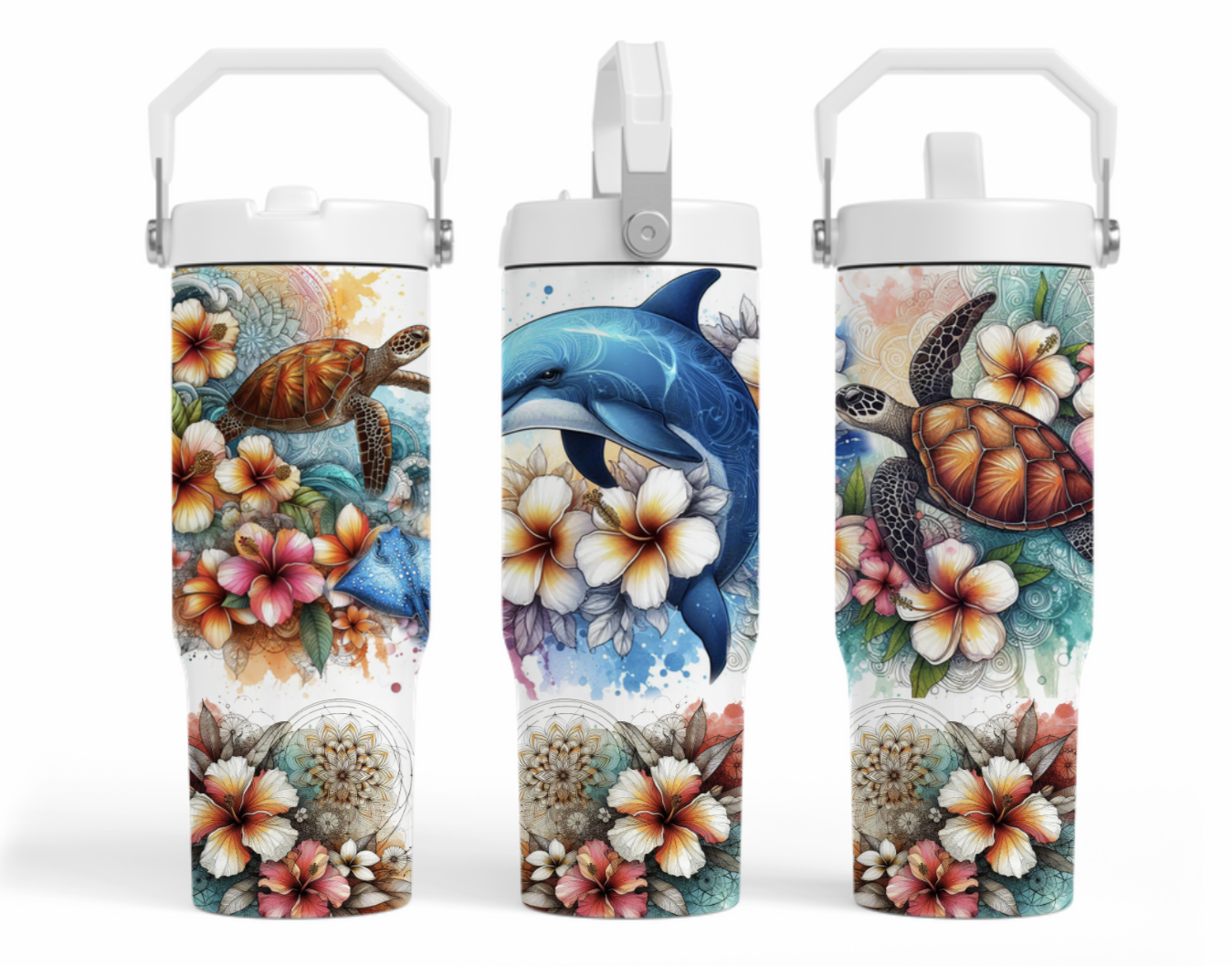 30oz tumbler - Turtle & dolphins with frangipani's &hibiscus flowers