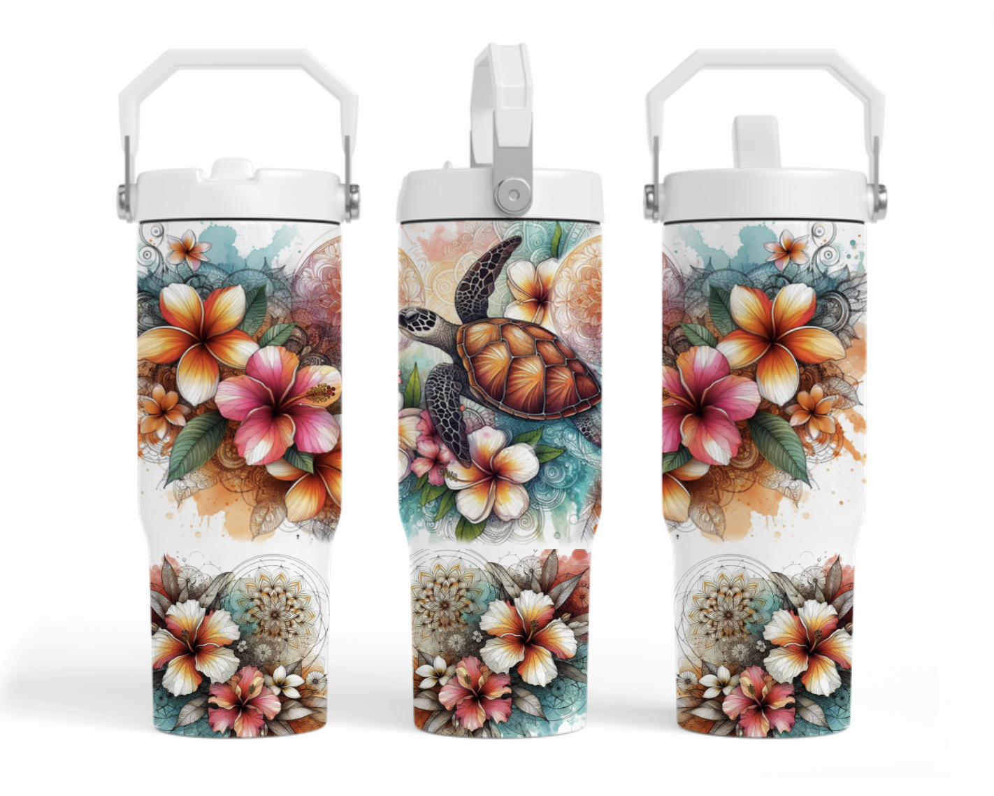 30oz tumbler - Turtle frangipani's & hibiscus flowers