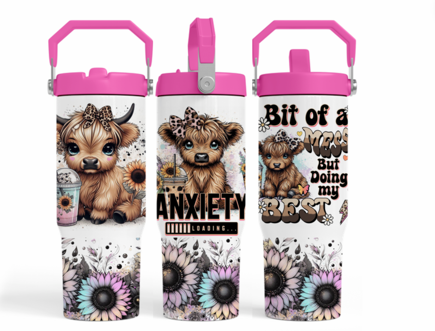 30oz tumbler - PINK Anxiety cow with cheetah print bow