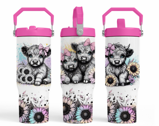 30oz tumbler - Cute baby cows with coloured sunflowers