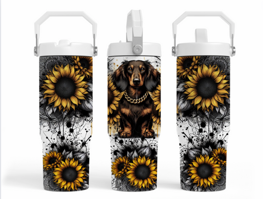 30oz tumbler - Yellow sunflowers-long haired haired dachshund