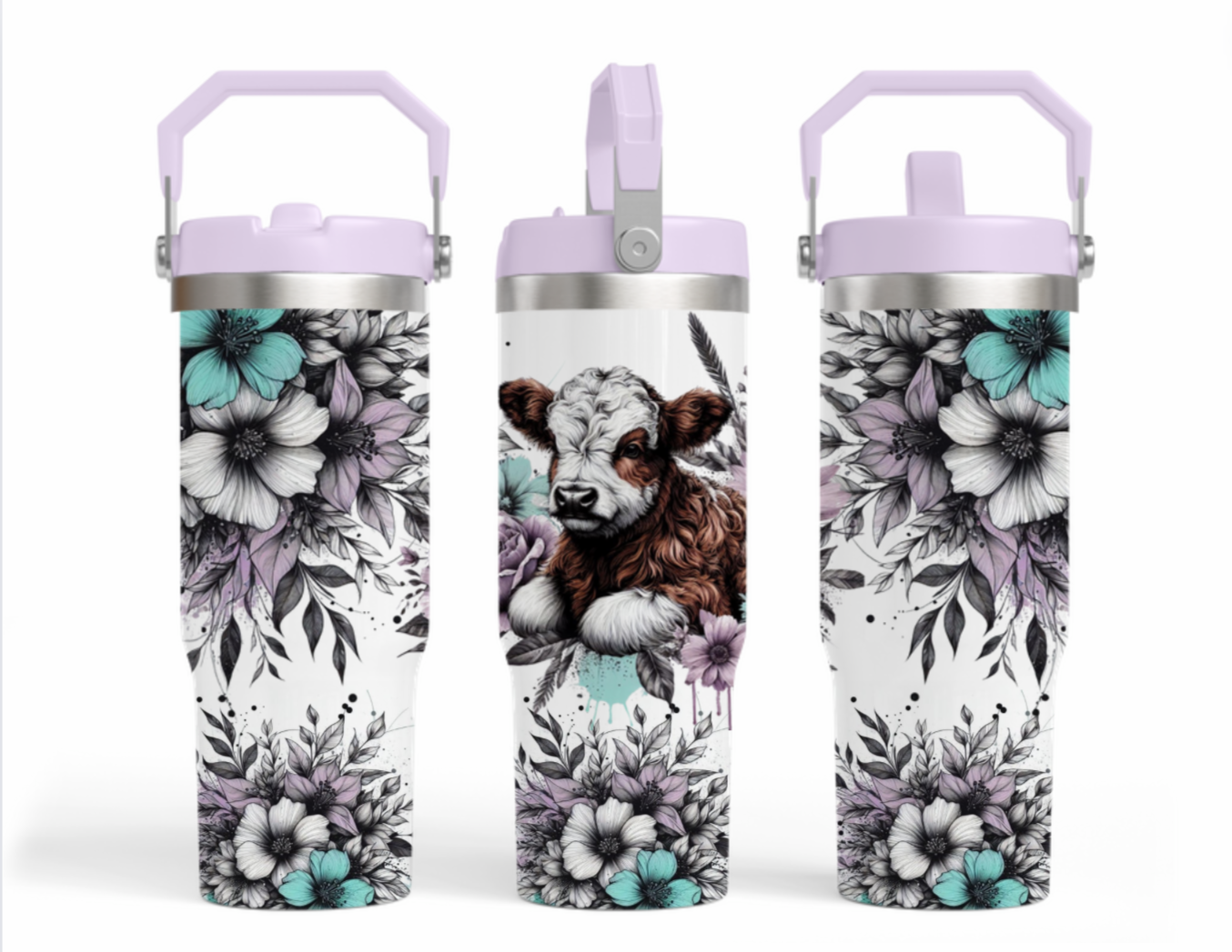 30oz tumbler - Lilac & aqua florals with a brown & white potty calf