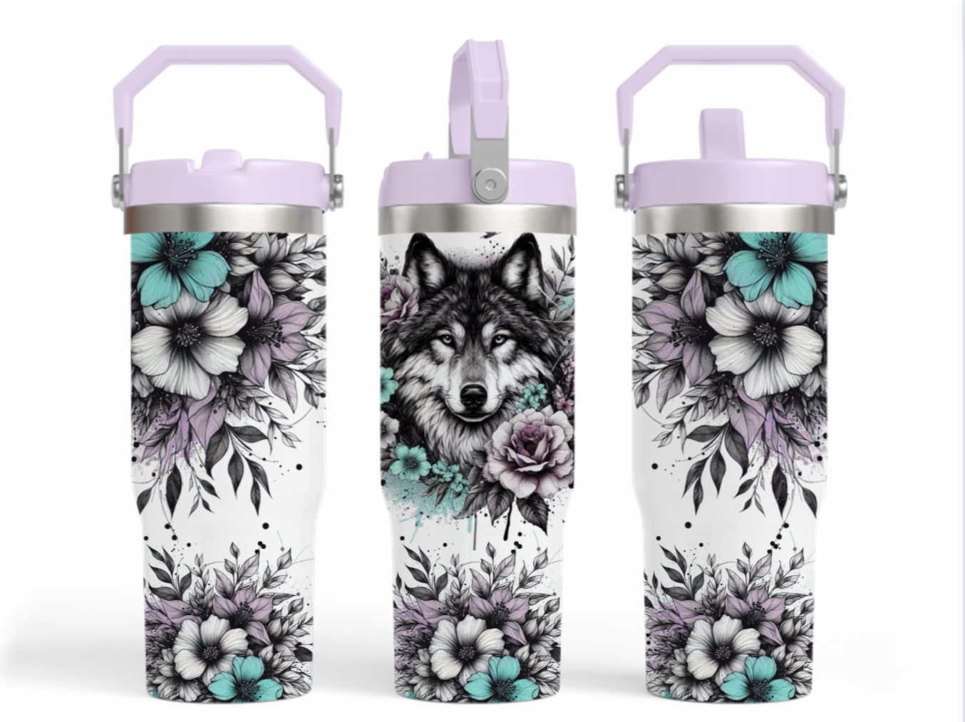 30oz tumbler - Lilac & aqua florals with a wolf