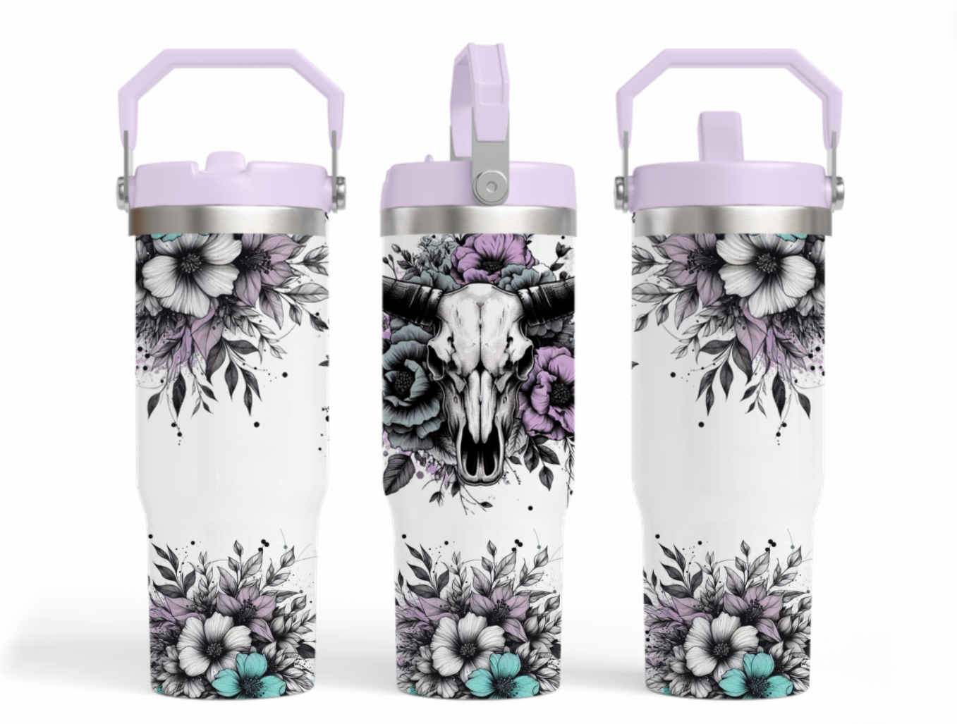 30oz tumbler - Lilac & aqua florals with a bull skull