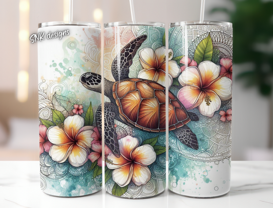 Tumbler only!! Frangipani's / Hibiscus flowers and turtles 4