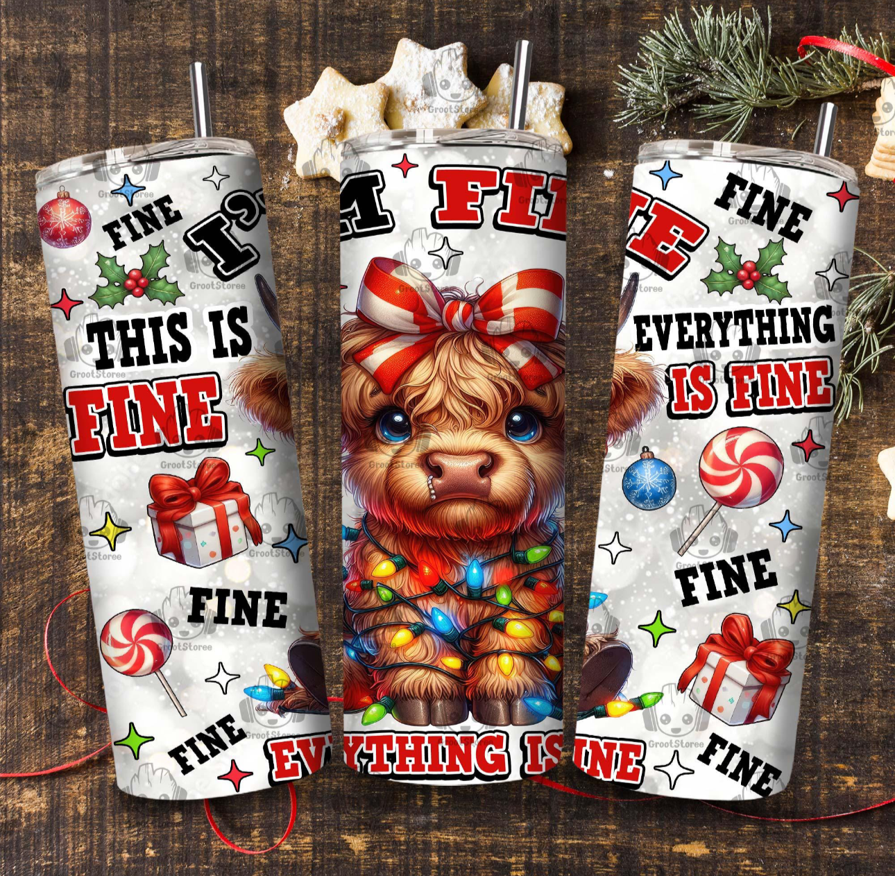 Christmas tumbler- Cute Christmas cow "I'm fine"