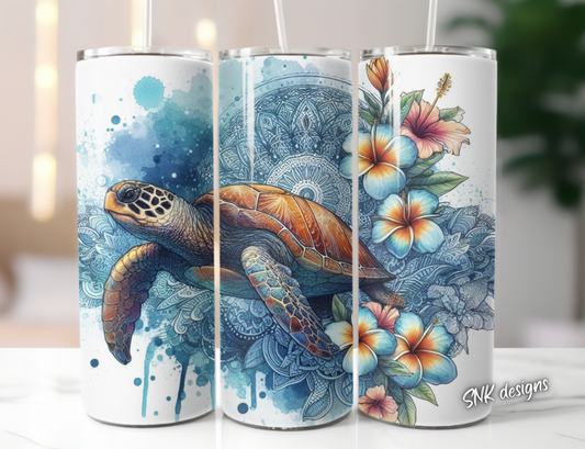 Tumbler only!! OCEAN BLUE Frangipani's / Hibiscus flowers and turtles