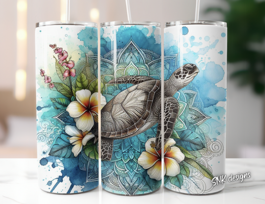Tumbler only!! OCEAN BLUE Frangipani's flowers and turtles 2