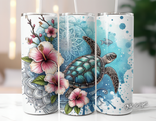 Tumbler only!! OCEAN BLUE Frangipani's flowers and turtles 3