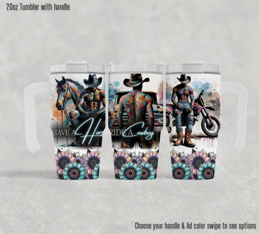 20oz Tumbler with handle - Save a horse ride a cowboy BLUE