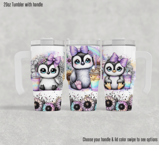 20oz Tumbler with handle - Cute penguins