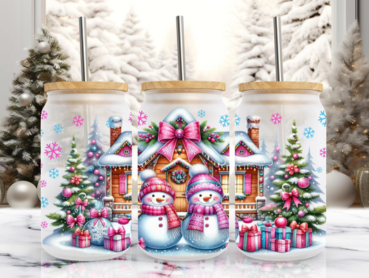 Christmas- 16oz - Cute pink Christmas snowmen