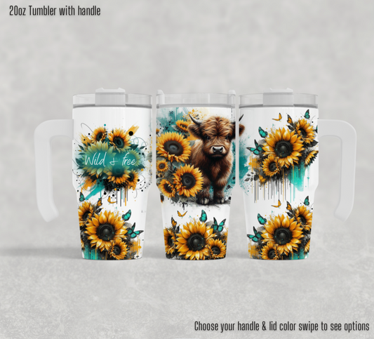 20oz Tumbler with handle - Wild & free brown cow