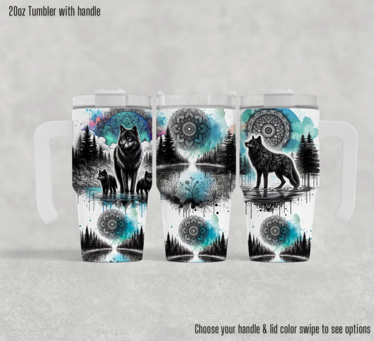 20oz Tumbler with handle - Blue wolves