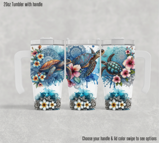 20oz Tumbler with handle - Ocean blue turtle