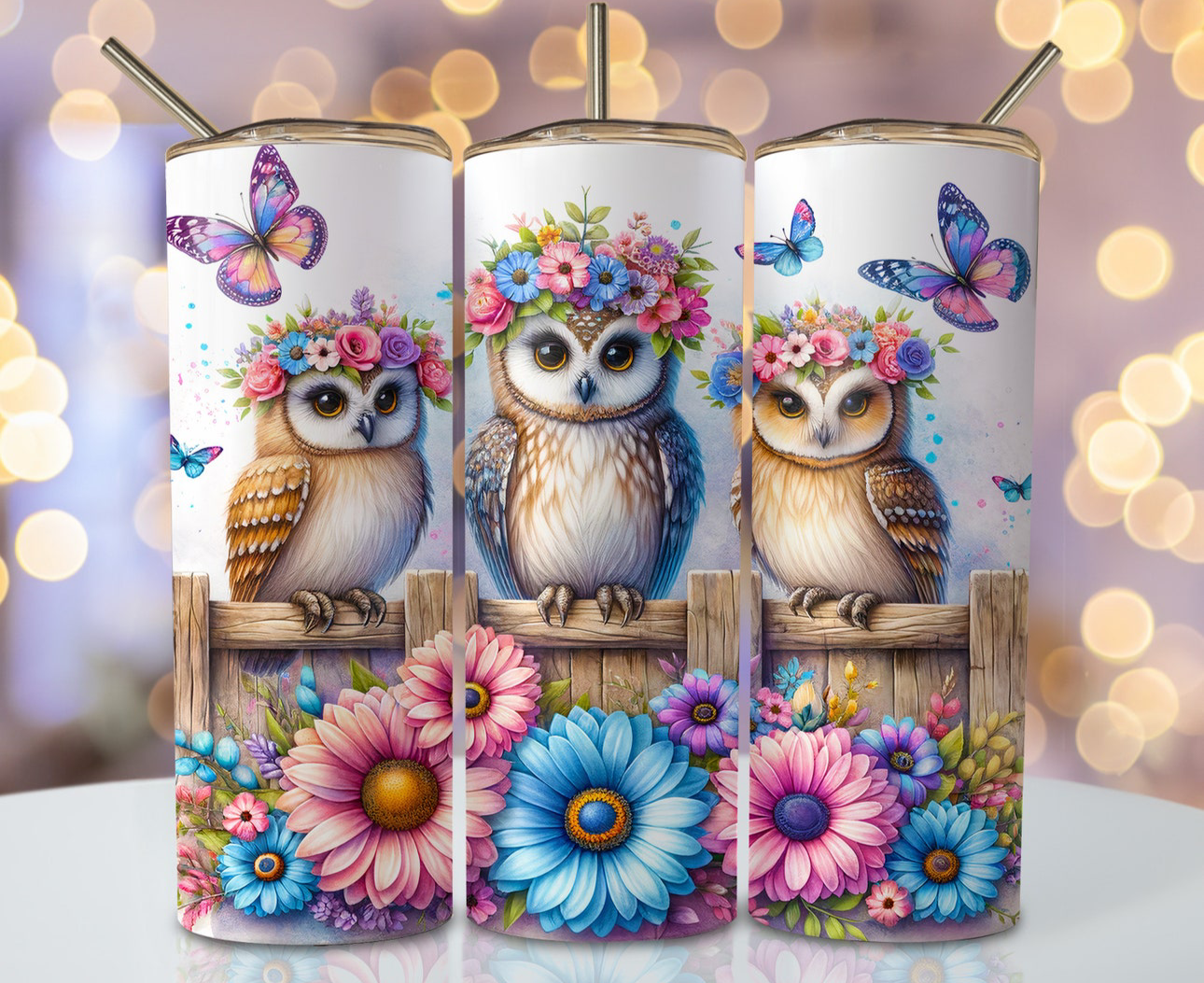 20oz tumbler - Cute owls sat on fence