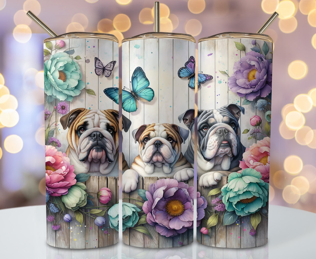 20oz tumbler - Cute Bulldogs sat on fence