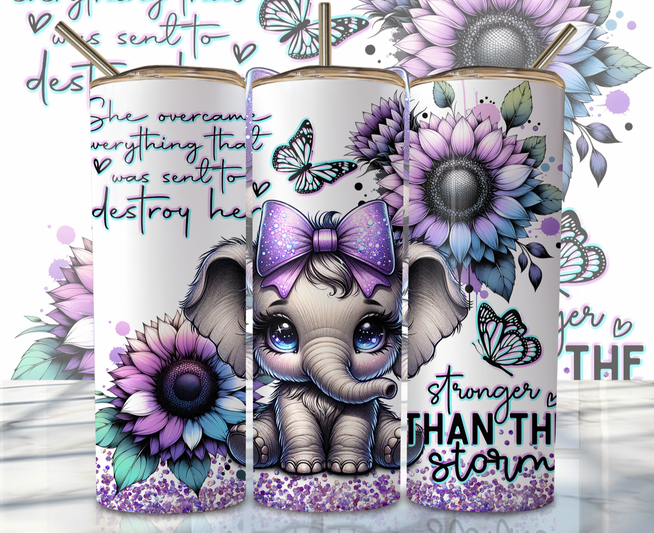 20oz tumbler - Cute elephant "Stronger than the storm"