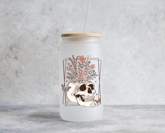16oz Boho skull with flowers coming out glass can - Frosted