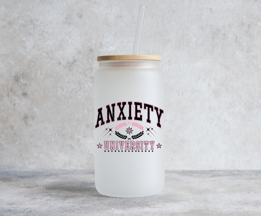 16oz Pink and black anxiety university glass can - Frosted