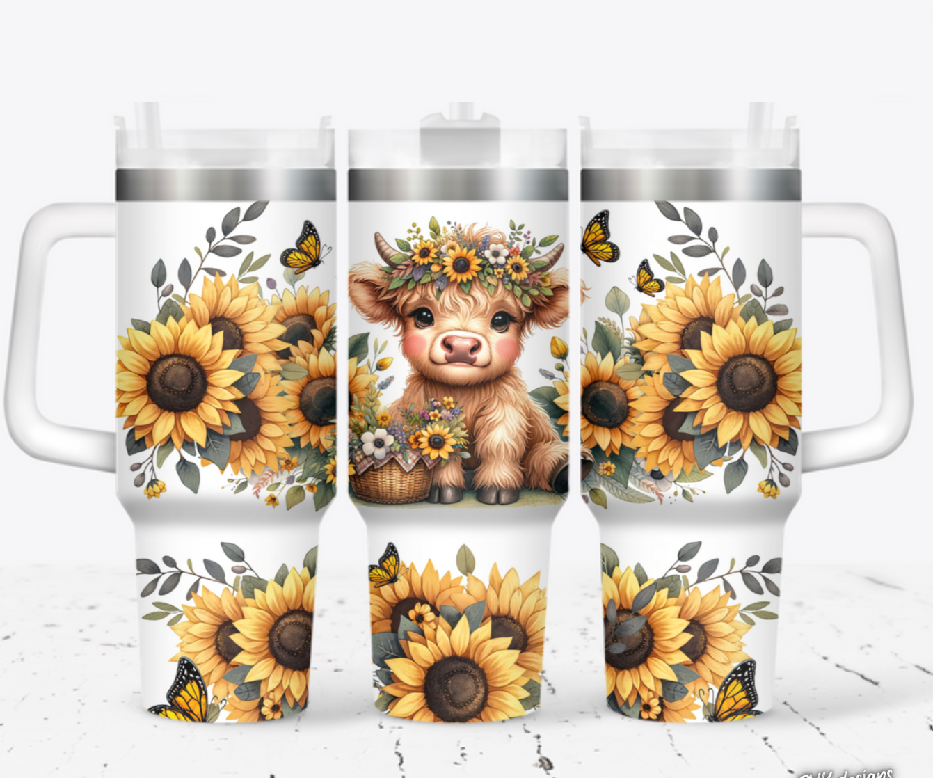 40oz cup- New cute highland cow with yellow sunflowers