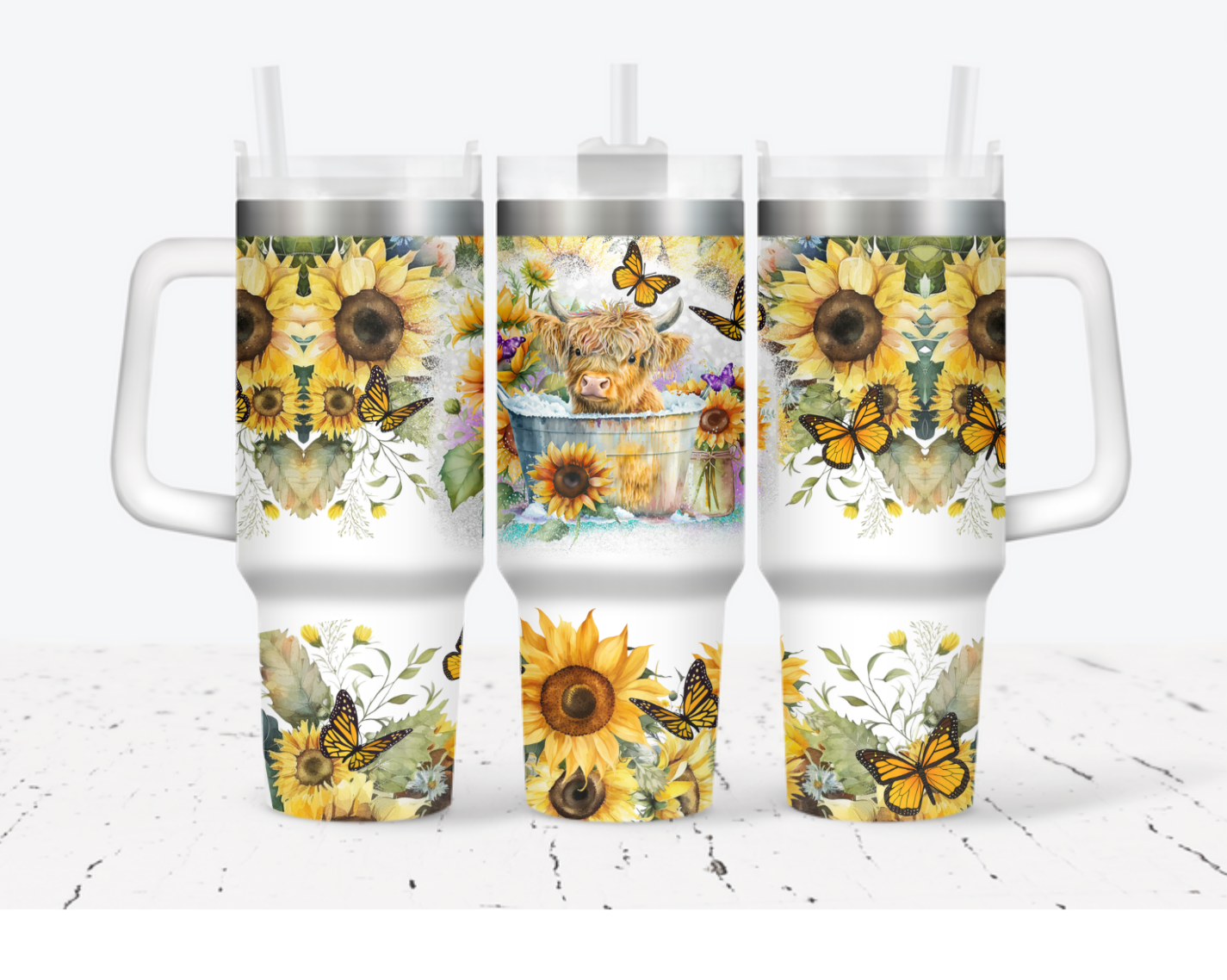 40oz Stanley dupe - Yellow sunflowers highland cow in tub