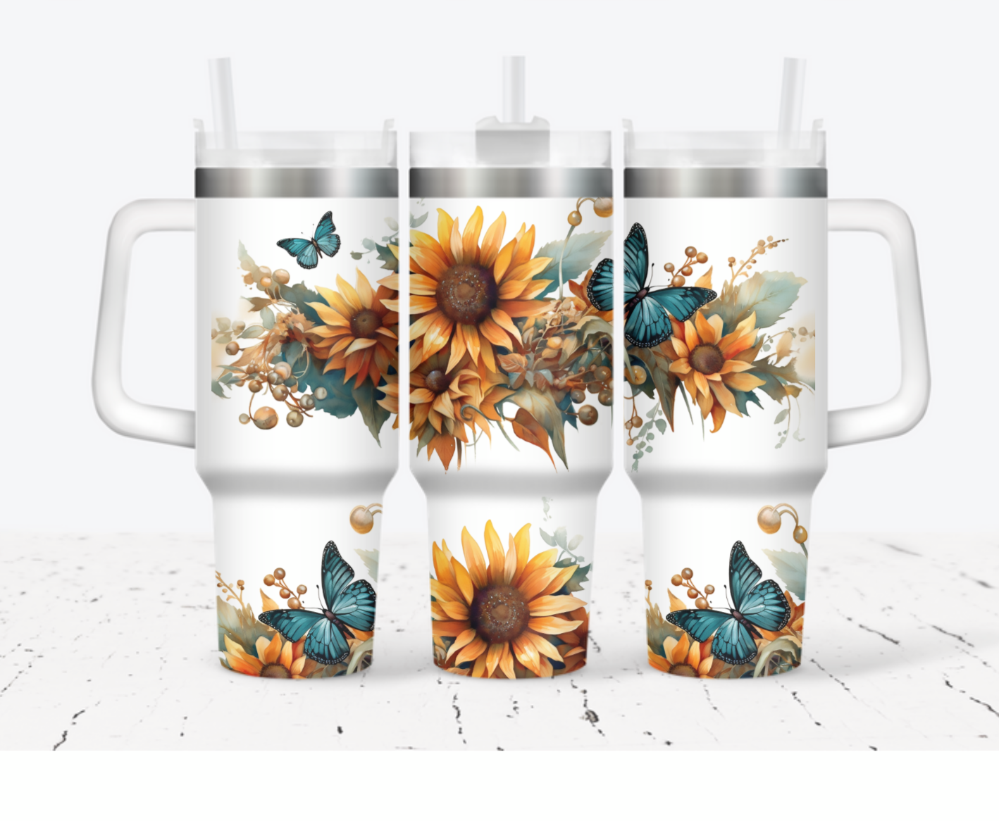 40oz Stanley dupe - Boho sunflowers and butterflies