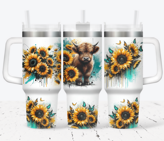 40oz Tumbler  - Highland cow yellow sunflowers 1