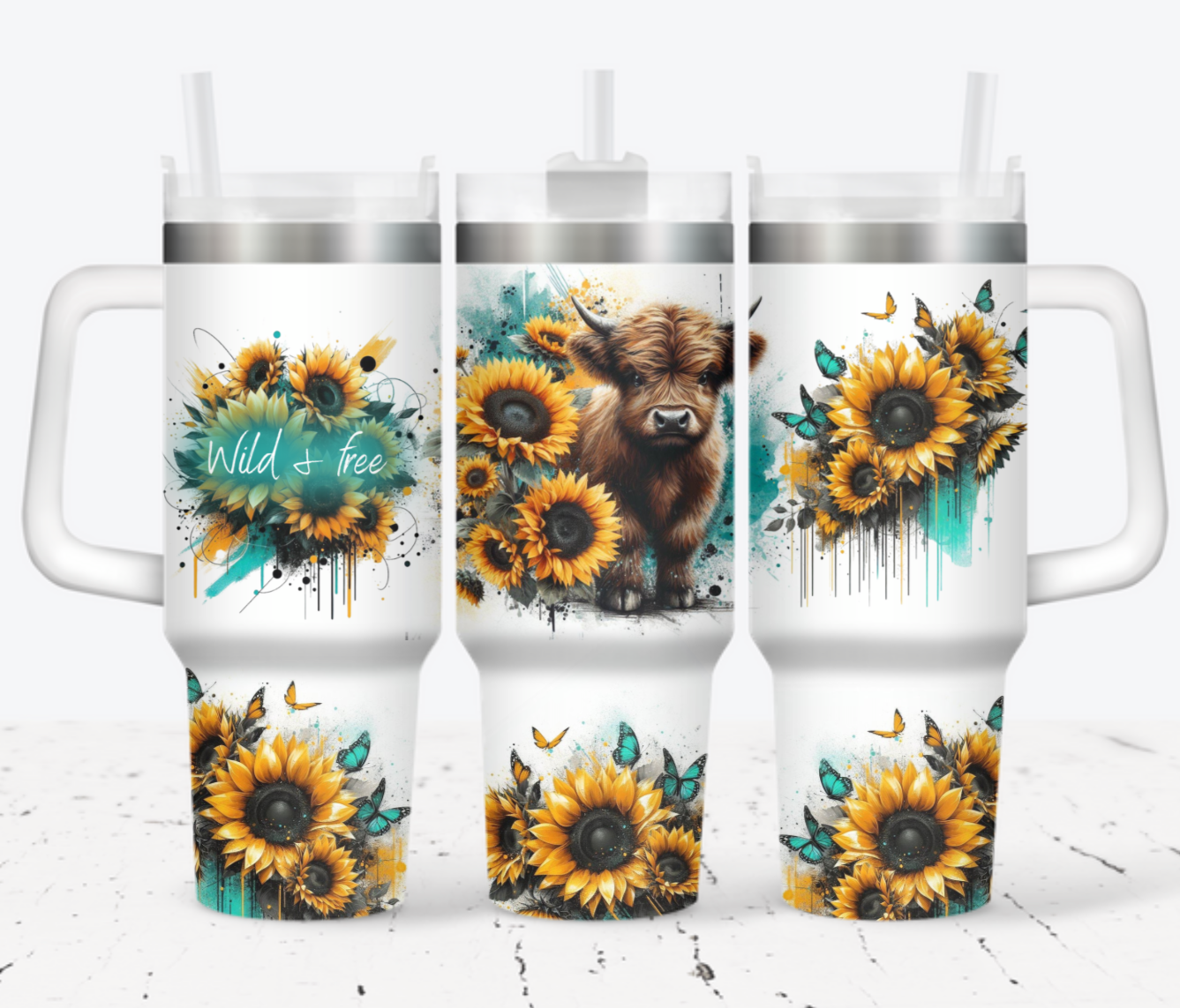 40oz Tumbler  - Highland cow yellow sunflowers WILD & FREE