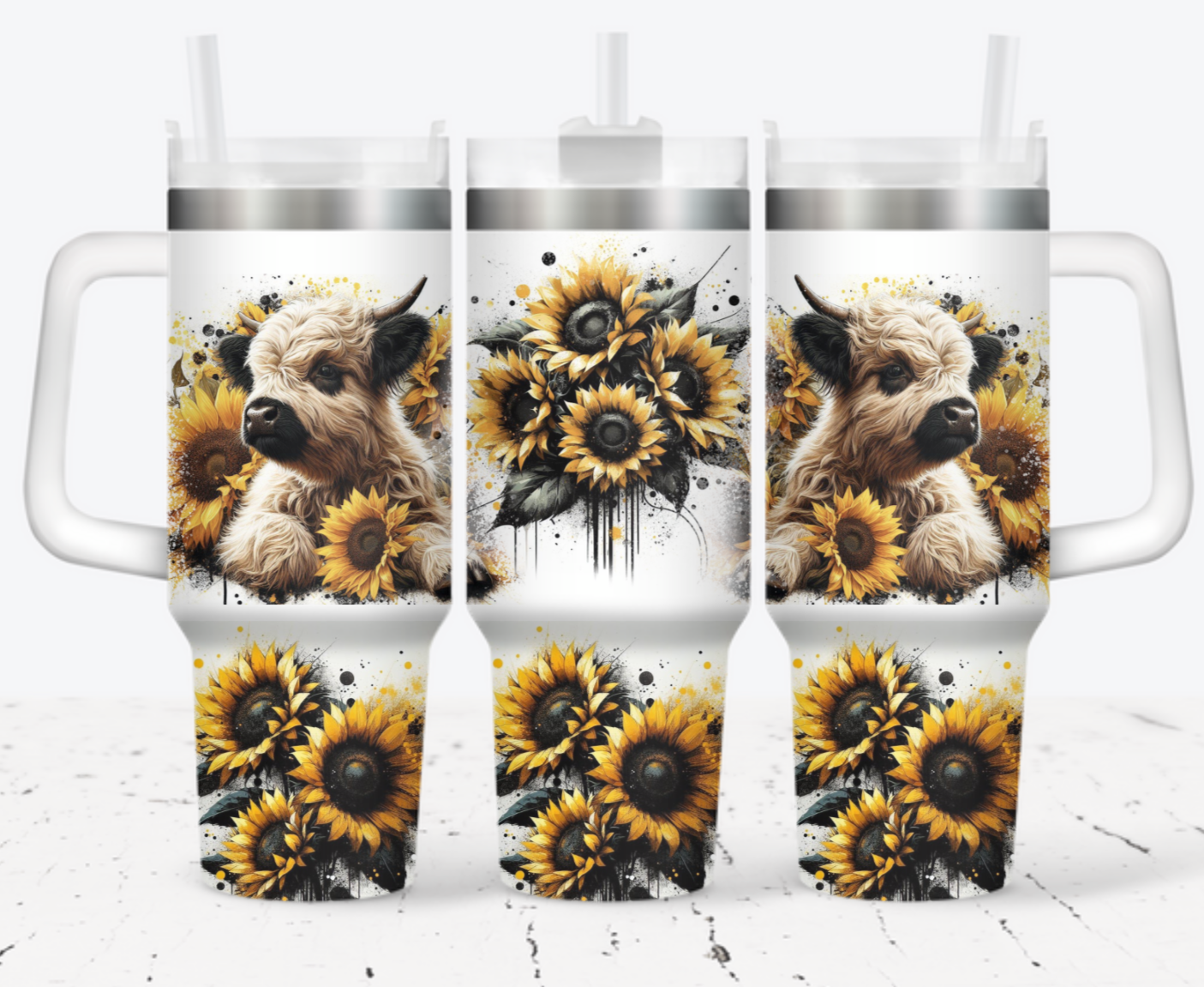 40oz Tumbler  - Baby brown & black cow yellow sunflowers