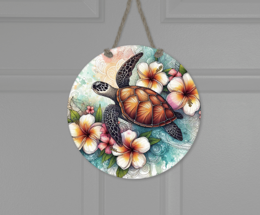 Wooden round hanging panels - Turtle frangipani