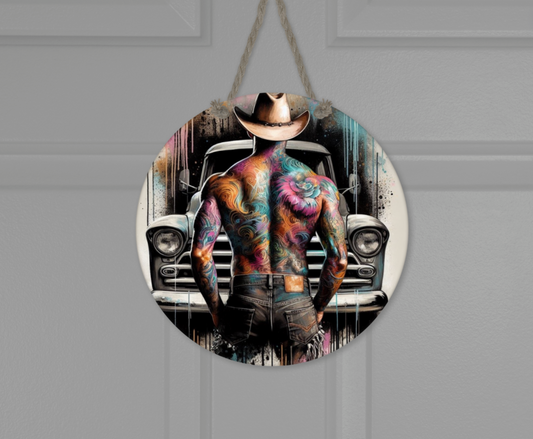 Wooden round hanging panels - Western cowboy 4