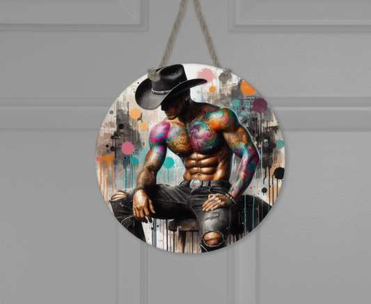 Wooden round hanging panels - Western cowboy