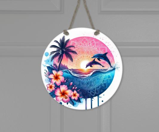 Wooden round hanging panels - Dolphins