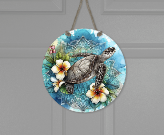 Wooden round hanging panels - Ocean blue turtle