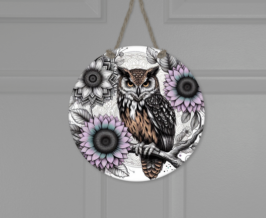 Wooden round hanging panels - Purple lilac owl