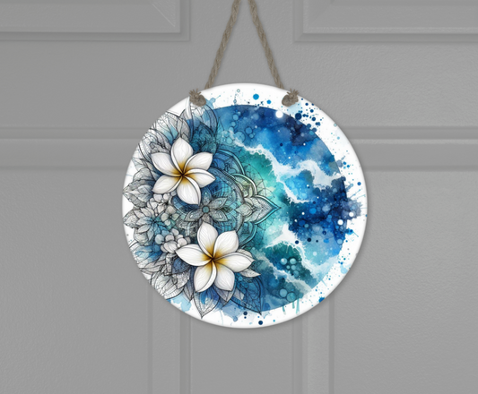 Wooden round hanging panels - Ocean blue frangipani's