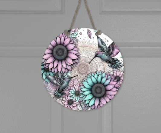 Wooden round hanging panels - Hummingbirds